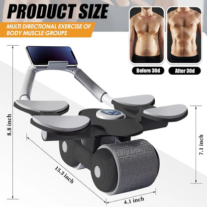 New with Timer Ab Abdominal Exercise Roller with 4 Elbow Supports, Abs Roller Wheel Core Exercise Equipment, Automatic Rebound Abdominal Wheel